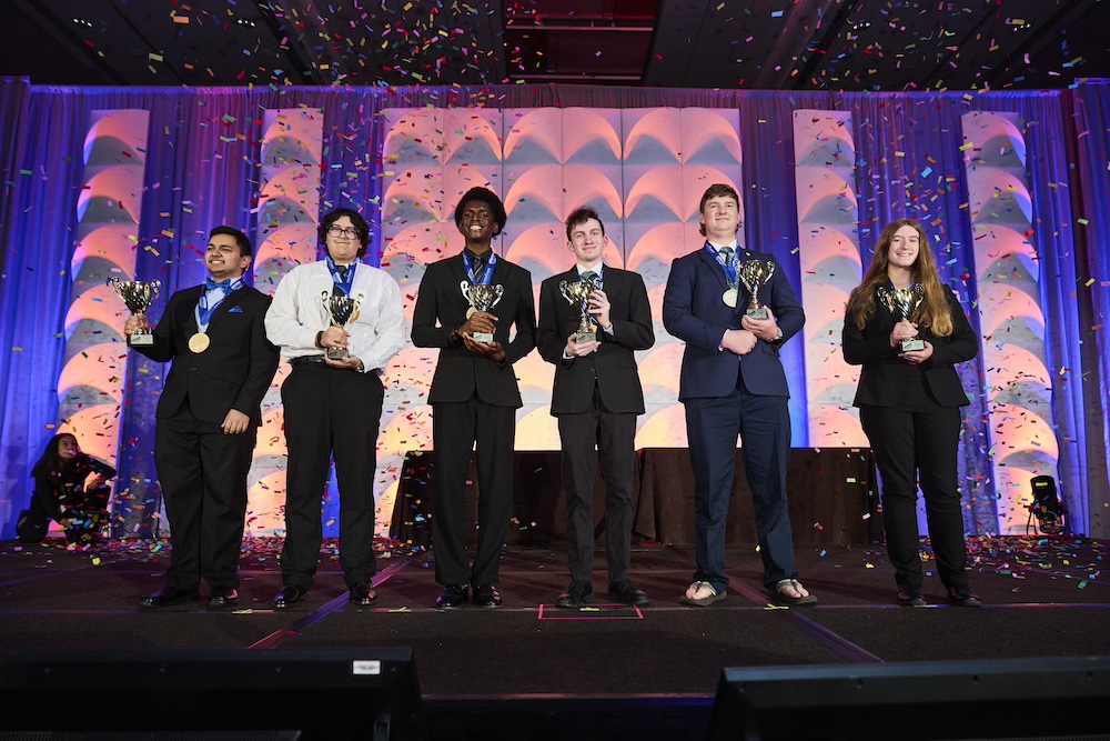 2024 Microsoft Office Specialist US National Champions from left to right: Deval Bansal (TX), Jaelynn McAuliffe (MA), Preston Nnadi (TX), Andrew Manteau (WV), Bence Brown (NE), Sophia Winkler (MI)