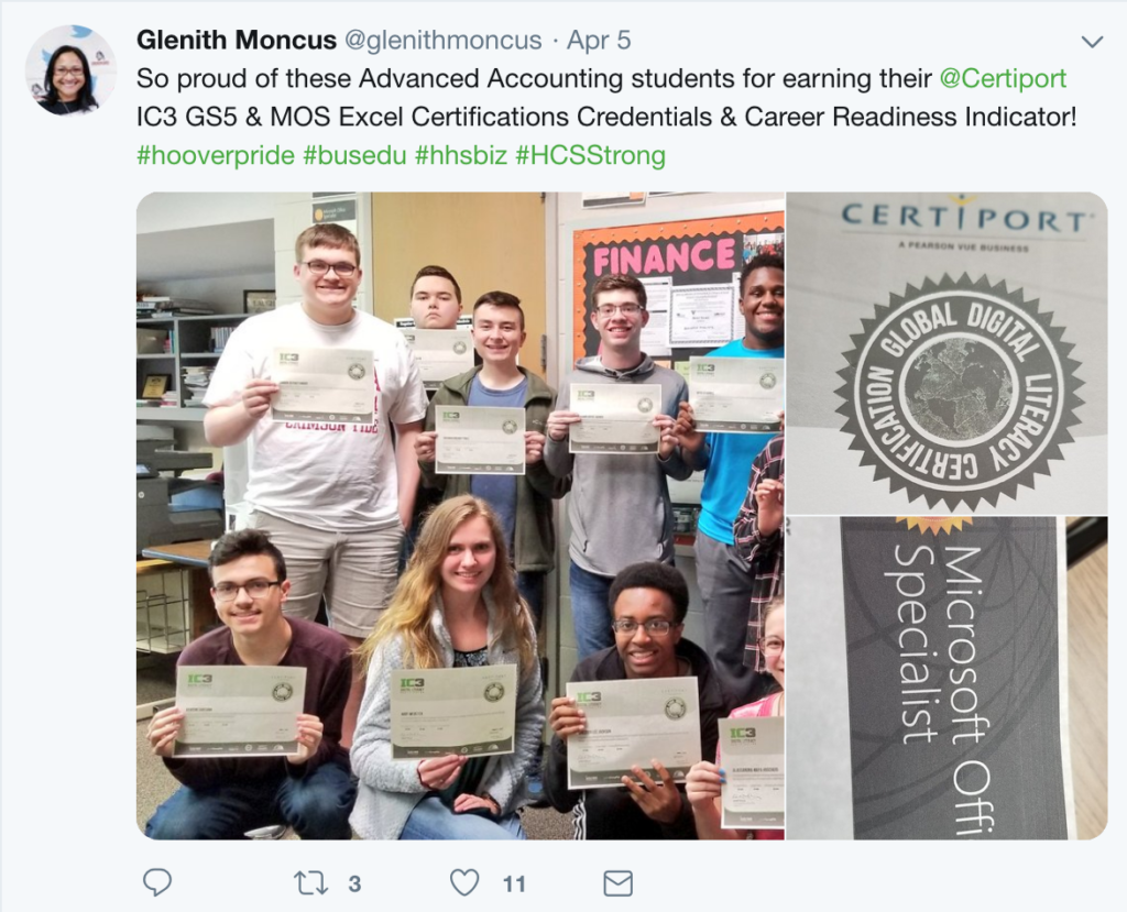 Twitter post, Advanced Accounting students earn Certiport IC3 GS5 and MOS Excel Certifications Credentials