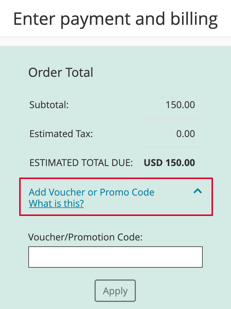 Screen shot that displays chevron next to Add Voucher and Promo Code area outlined with a red box
